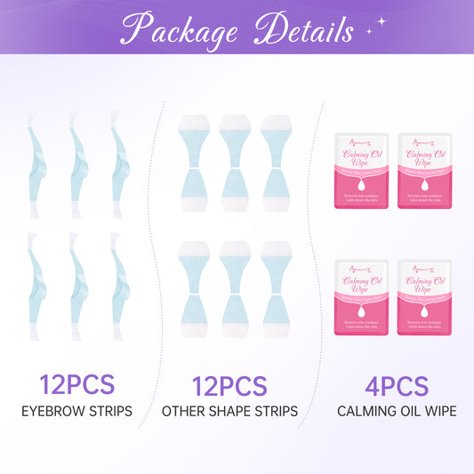 Beauty7 Sensitive High Arched Eyebrow Wax Strips, Facial Hair Removal, 24 Eyebrow Waxing Strips, 4 Calming Oil Wipes, for Sensitive Skin Types for Women (24 Strips)