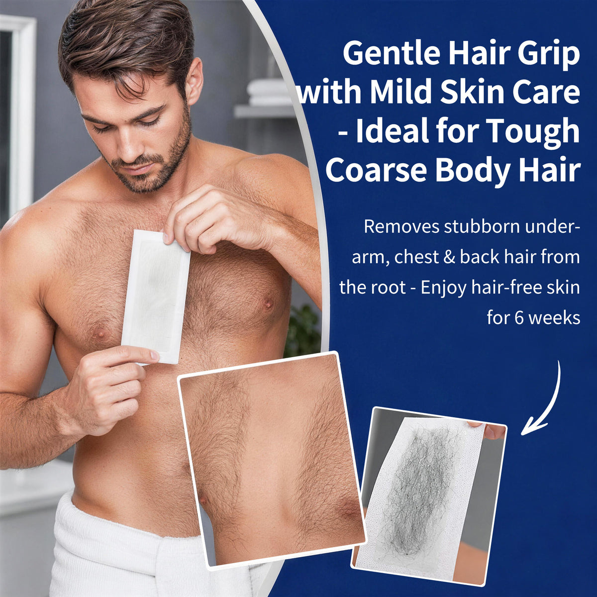 BEAUTY7 Men's Body Wax Strips – 20 No-Heat Pure Waxing Strips Hair Removal for Chest, Back & Arms with 4 Calming Oil Wipes, Smooth Skin Up to 6 Weeks