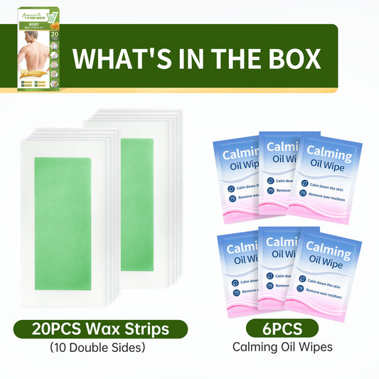 Body Wax Strips for Men, At Home Waxing Kit for Coarse Hair, 20 Counts Body Hair Removal with 6 Calming Oil Wipes, No Heating Required, No Mess, Up to 6 Weeks Smoothness, Ready to Use