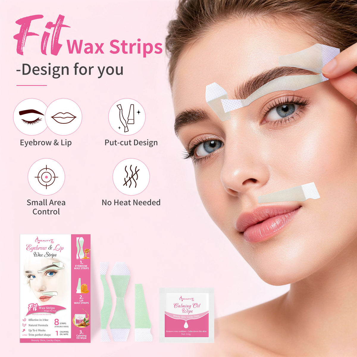 BEAUTY7 Pre-Cut Facial Wax Strips Trial Kit, 8 Strips&1 Calming Oil Wipes Ready to Use Eyebrow& Lip Hair Removal– No Heat, for Sensitive Skin