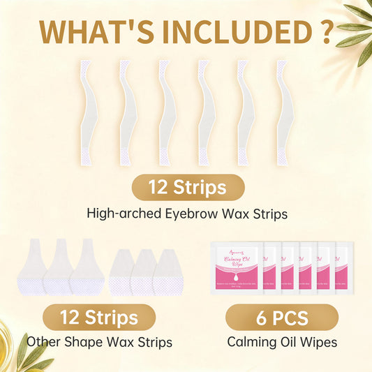 BEAUTY7 High-arched Eyebrow Wax Strips – 24 Strips 6 Soothing Oil Wipes At-Home Brow Shaping, No-Heat Facial Hair Removal for Women, Smooth Results Up to 6 Weeks