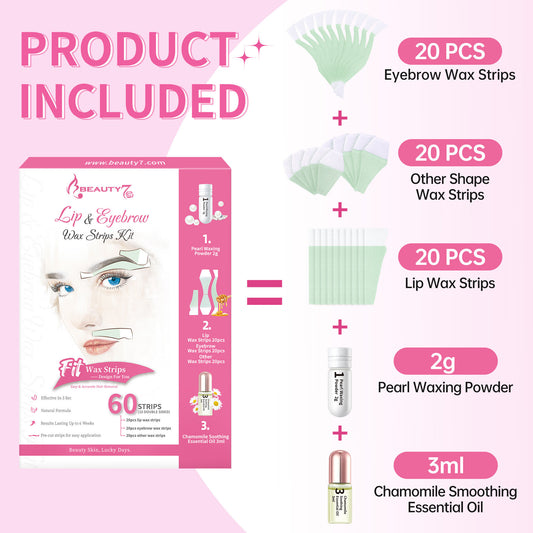 Beauty7 Pre-Cut Facial Wax Strips for Women, Large Packs 60 Strips Eyebrow and Lip Hair Removal with Pearl Powder and Essential Oil, at Home Wax Strips for All Skin Types