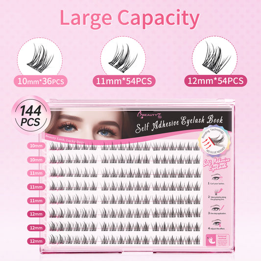 Beauty7 Self Adhesive Eyelashes, No Glue Needed Fairy Lashes, Self Adhesive Lash Clusters, Pre-Glued Eyelashes, Reusable Eyelash Clusters, C Curl 144pcs Clusters DIY Lash