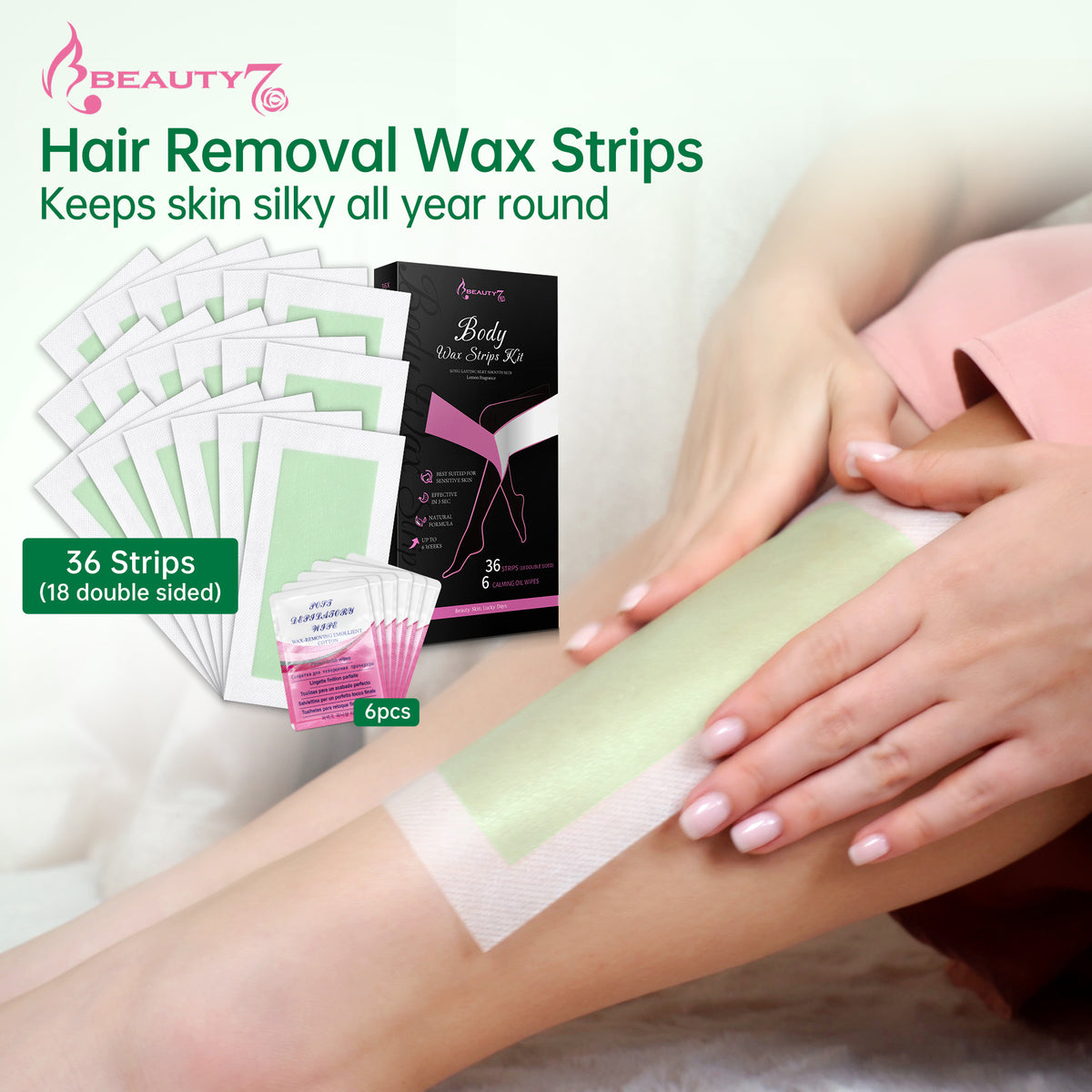 Beauty7 Wax Strips Hair Removal Body Wax Strips 36 Strips 6 Calming Oil Wipes