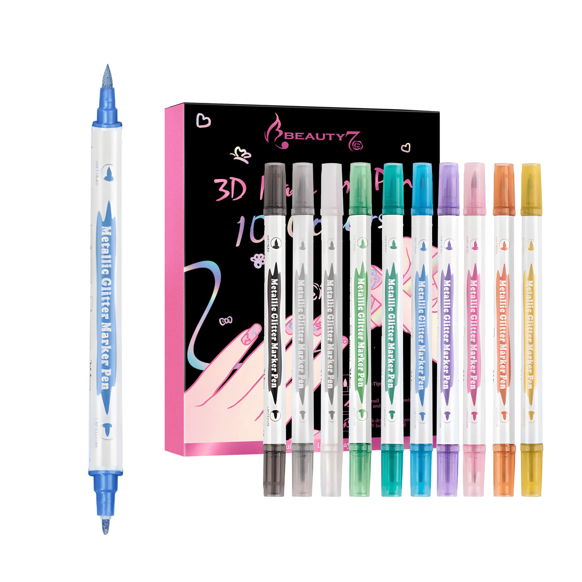 Beauty7 Nail Art Pens Set 10 Color Dual Tipped 3D Nail Polish Pens