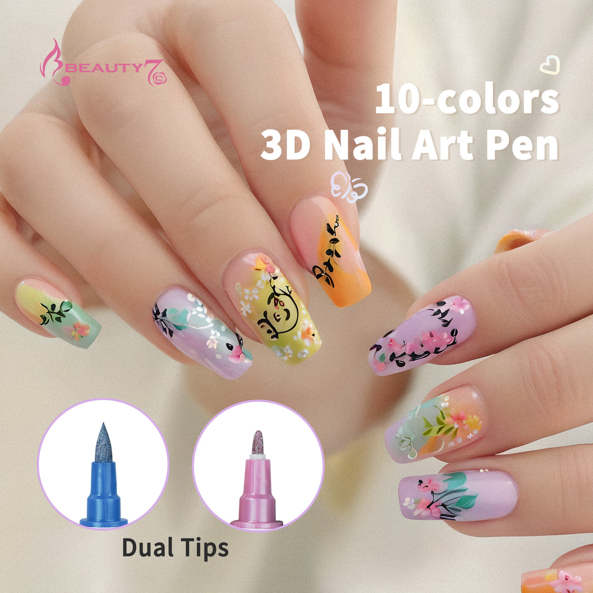 Beauty7 Nail Art Pens Set 10 Color Dual Tipped 3D Nail Polish Pens