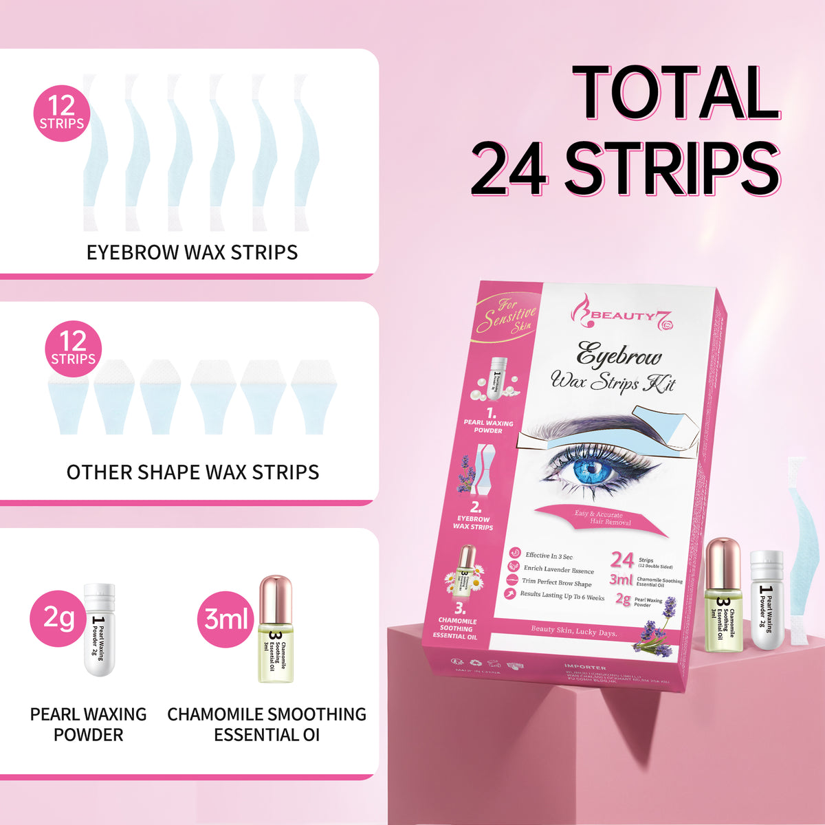 Beauty7 Sensitive Eyebrow Wax Strips Kit Lip Wax Strip Kit with Pearl Powder Essential Oil