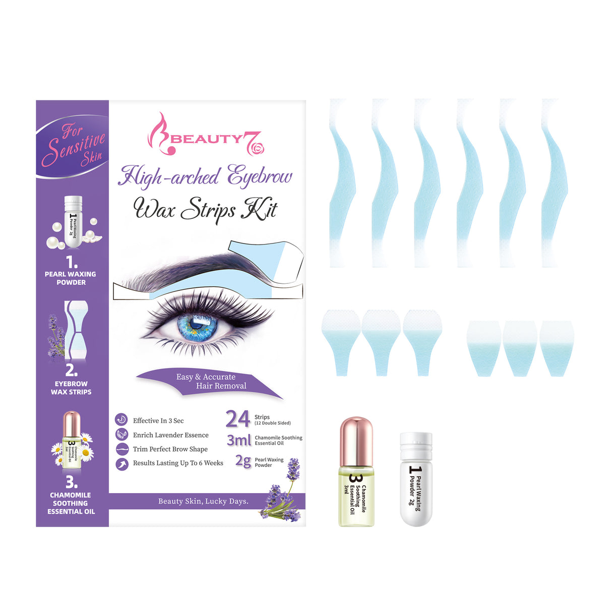 Beauty7 Sensitive Eyebrow Wax Strips Kit Lip Wax Strip Kit with Pearl Powder Essential Oil