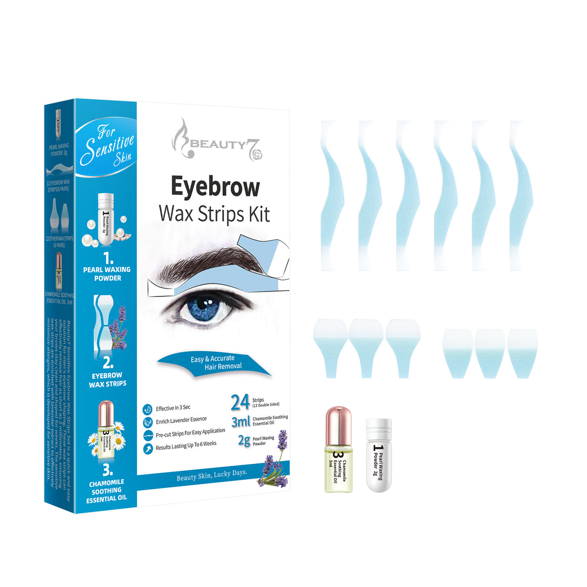 Beauty7 Sensitive Eyebrow Wax Strips Kit Lip Wax Strip Kit with Pearl Powder Essential Oil