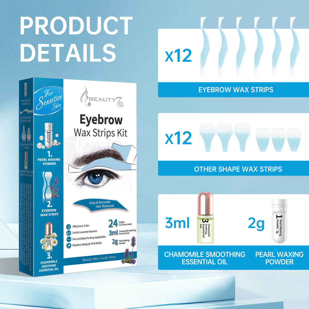 Beauty7 Sensitive Eyebrow Wax Strips Kit Lip Wax Strip Kit with Pearl Powder Essential Oil