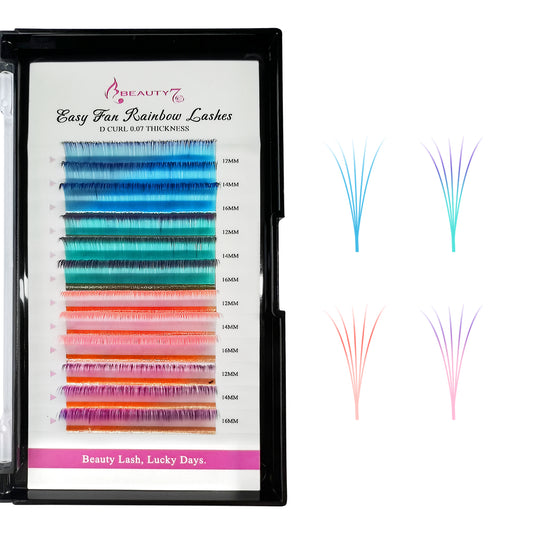 Beauty7 Easy Fan Rainbow Lashes Ombre Gradient Color Lash Extensions D Curl 0.07mm
