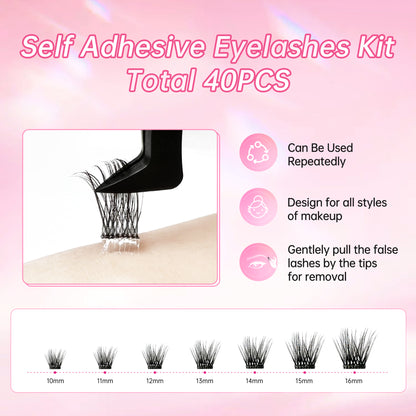 Beauty7 Self Adhesive Eyelashes 40PCS  Pre Glued Cluster Lashes Dense Fan