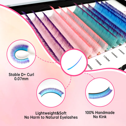 Beauty7 Easy Fan Rainbow Lashes Ombre Gradient Color Lash Extensions D Curl 0.07mm