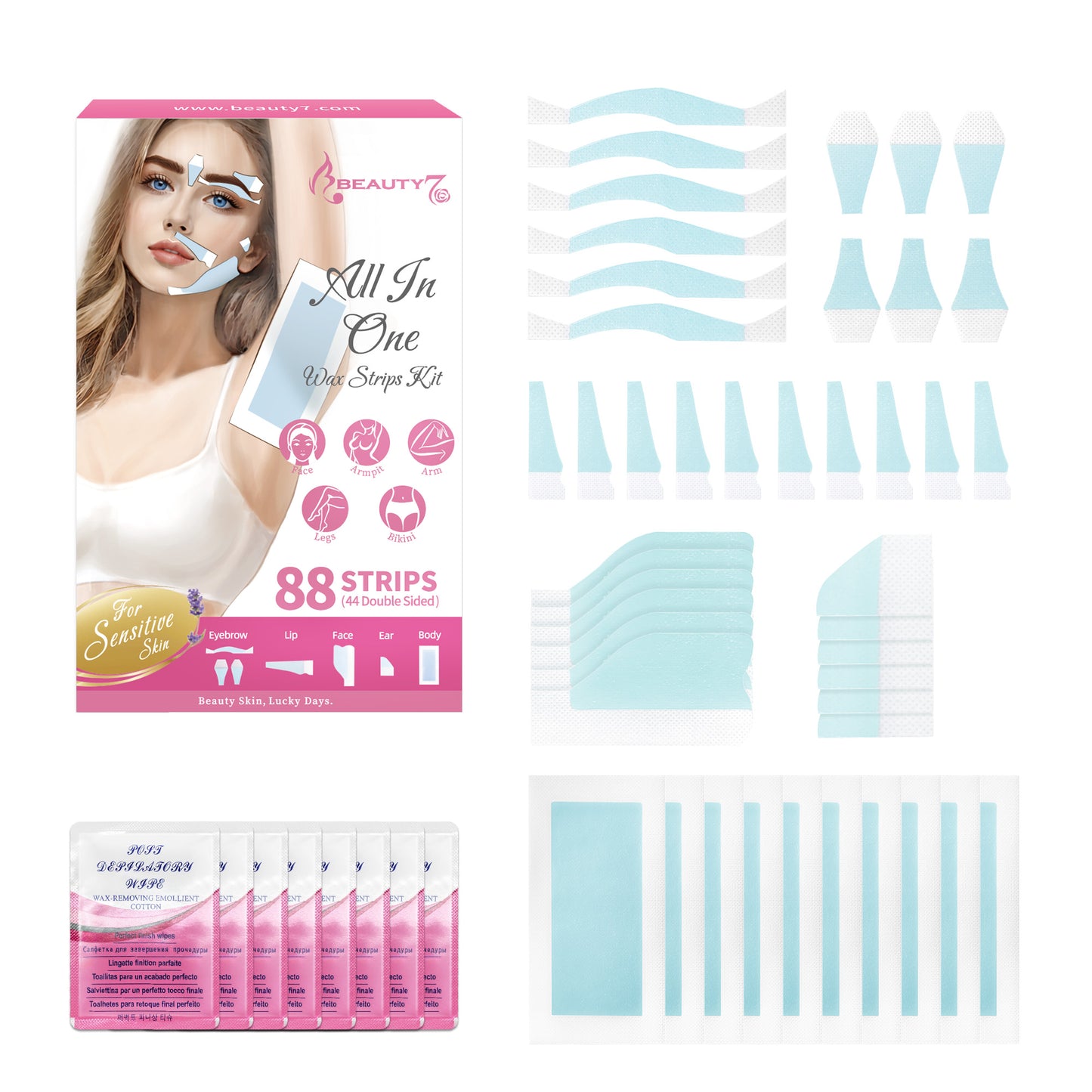 Beauty7 Eyebrow Wax Strips Kit All in One 88 pcs Body Wax Strips Kit Bikini Legs Arms Wax Strips