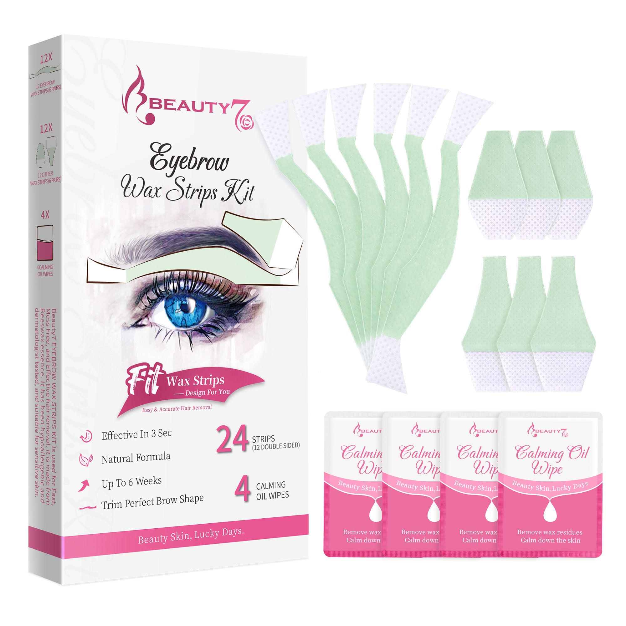 Beauty7 Eyebrow Wax Strips Cold Wax Strips 24pcs Waxing Strips with 4pcs Cleaner Oil Wipes