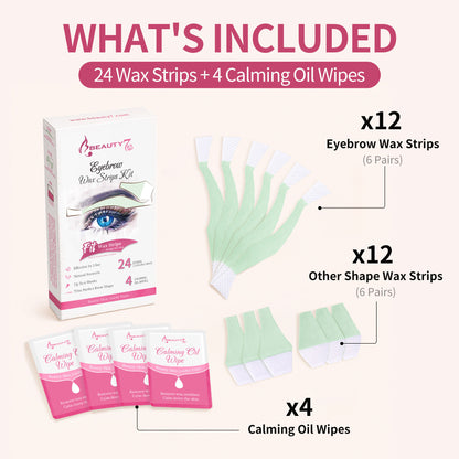 Beauty7 Eyebrow Wax Strips Cold Wax Strips 24pcs Waxing Strips with 4pcs Cleaner Oil Wipes