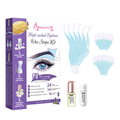 Beauty7 High Arched Eyebrow Wax Strips, 24 Strips with Essential Oil &Pearl Powder, at Home Eyebrow Waxing Strip for Sensitive Skin for Women, No heated Needed Facial Hair Removal