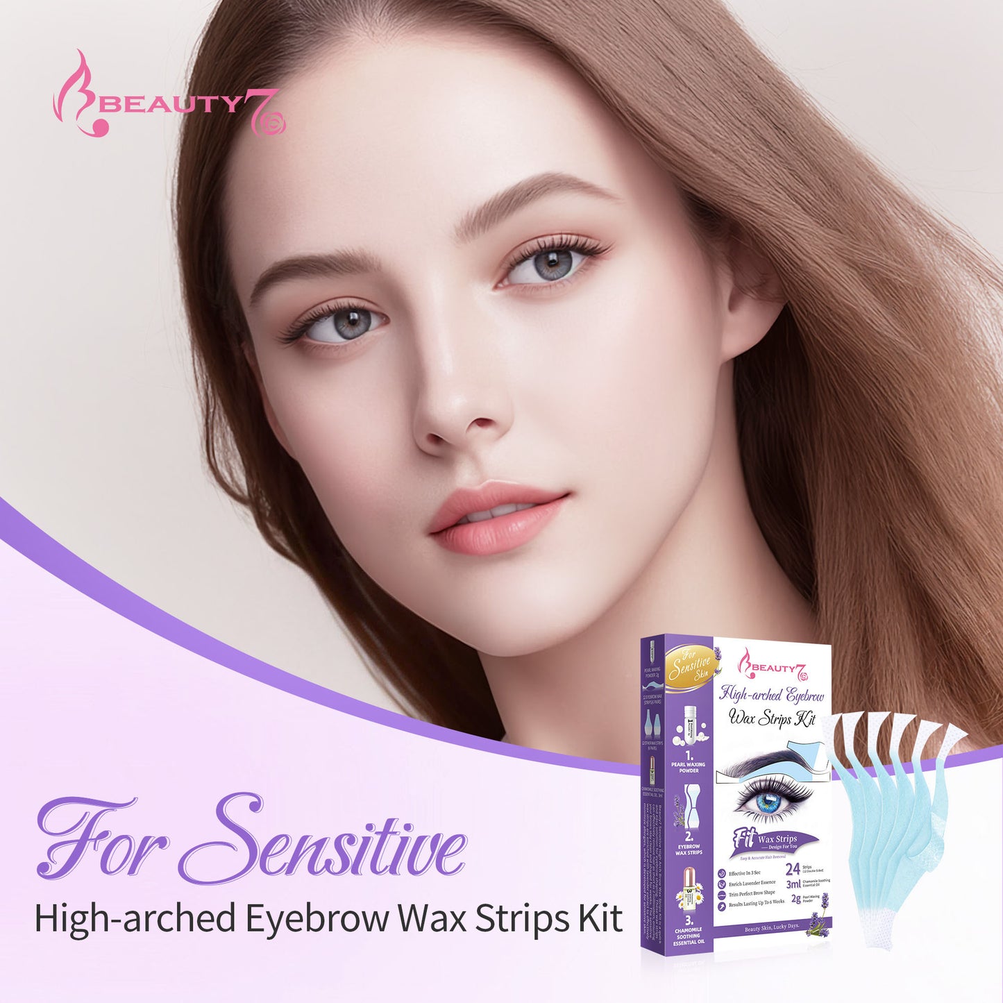 Beauty7 High Arched Eyebrow Wax Strips, 24 Strips with Essential Oil &Pearl Powder, at Home Eyebrow Waxing Strip for Sensitive Skin for Women, No heated Needed Facial Hair Removal