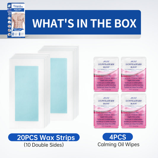 Beauty7 Men Body Waxing Strips 20 Waxing Strips 4 Calming Oil Wipes
