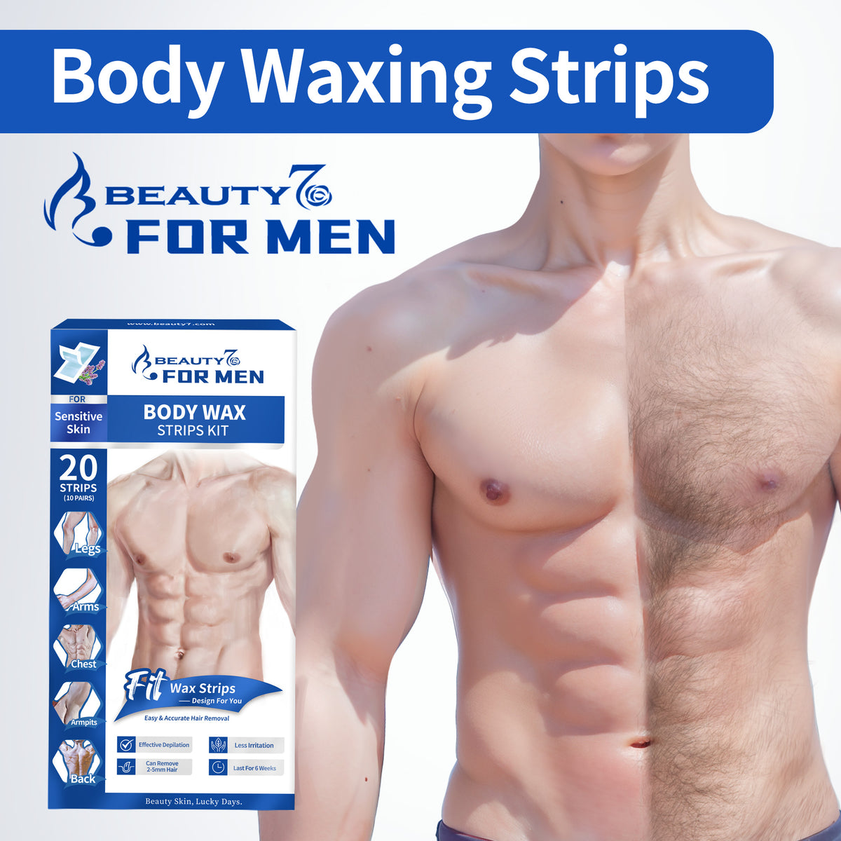 Beauty7 Men Body Waxing Strips 20 Waxing Strips 4 Calming Oil Wipes