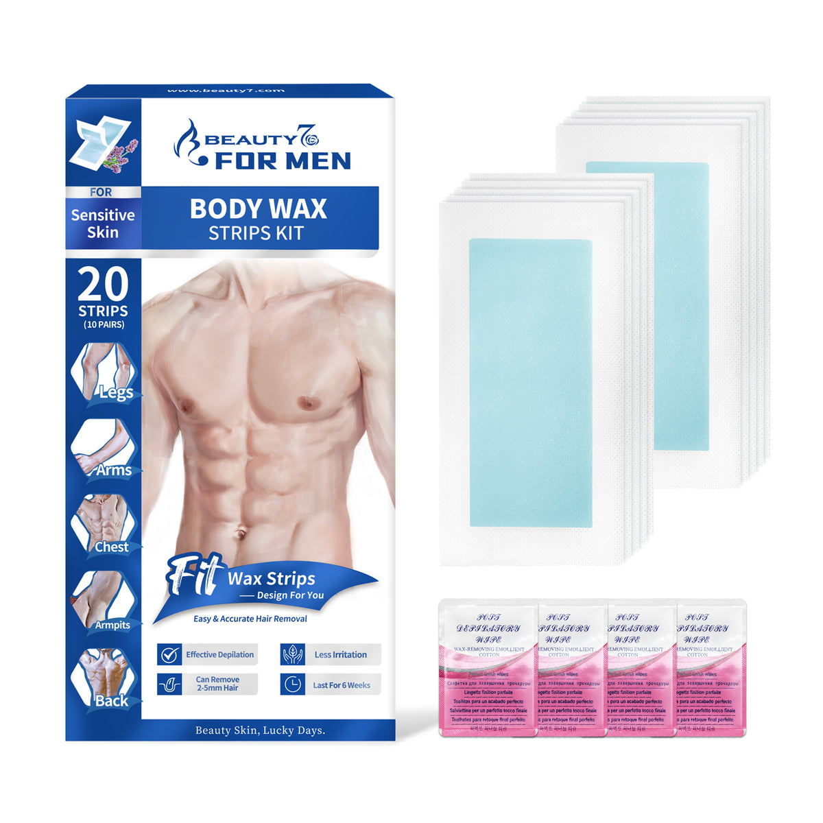 Beauty7 Men Body Waxing Strips 20 Waxing Strips 4 Calming Oil Wipes