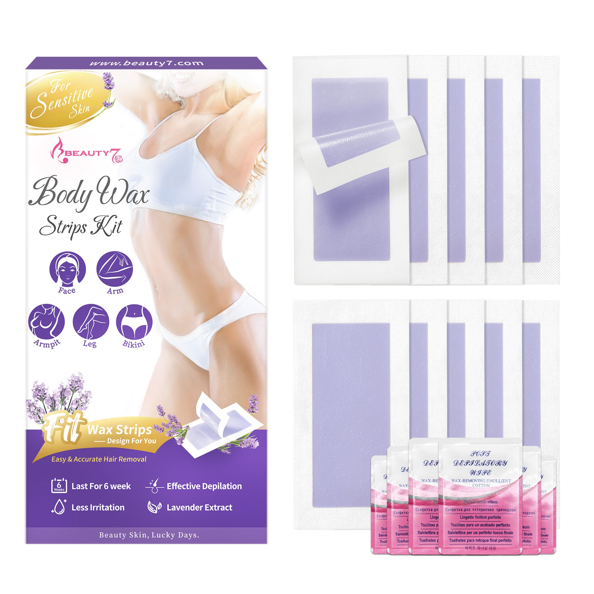 Beauty7 Women Wax Strips for Body, Ready to Use Waxing Strips, Facial Hair Removal Wax, Legs Arms Chest Bikini Waxing, At Home Waxing Kit, 20 Strip 6 Calming Oil Wipes for Sensitive Skin