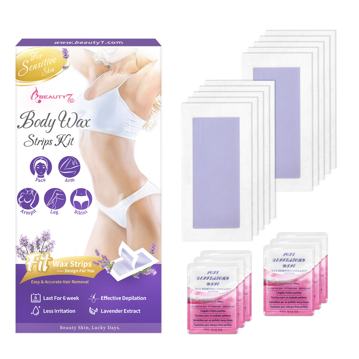 Beauty7 Women Wax Strips for Body, Ready to Use Waxing Strips, Facial Hair Removal Wax, Legs Arms Chest Bikini Waxing, At Home Waxing Kit, 20 Strip 6 Calming Oil Wipes for Sensitive Skin