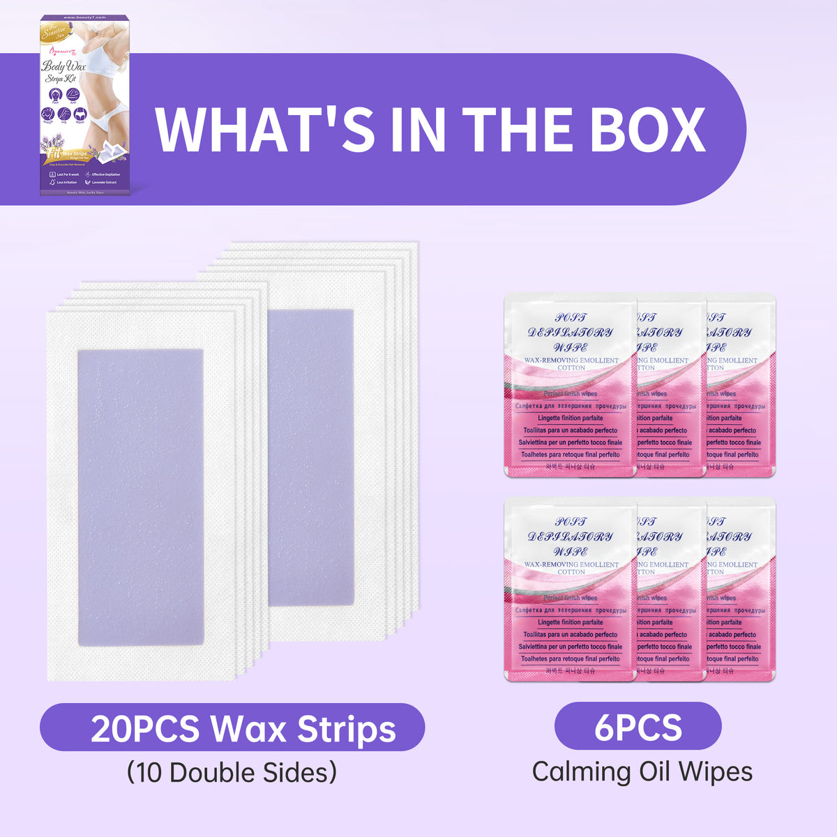Beauty7 Women Wax Strips for Body, Ready to Use Waxing Strips, Facial Hair Removal Wax, Legs Arms Chest Bikini Waxing, At Home Waxing Kit, 20 Strip 6 Calming Oil Wipes for Sensitive Skin