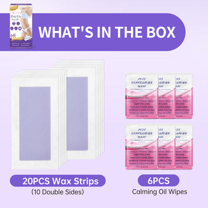 Beauty7 Women Wax Strips for Body, Ready to Use Waxing Strips, Facial Hair Removal Wax, Legs Arms Chest Bikini Waxing, At Home Waxing Kit, 20 Strip 6 Calming Oil Wipes for Sensitive Skin
