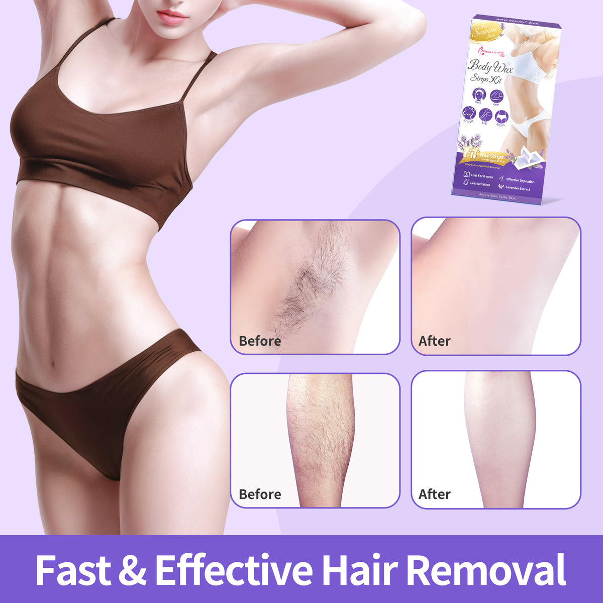 Beauty7 Women Wax Strips for Body, Ready to Use Waxing Strips, Facial Hair Removal Wax, Legs Arms Chest Bikini Waxing, At Home Waxing Kit, 20 Strip 6 Calming Oil Wipes for Sensitive Skin