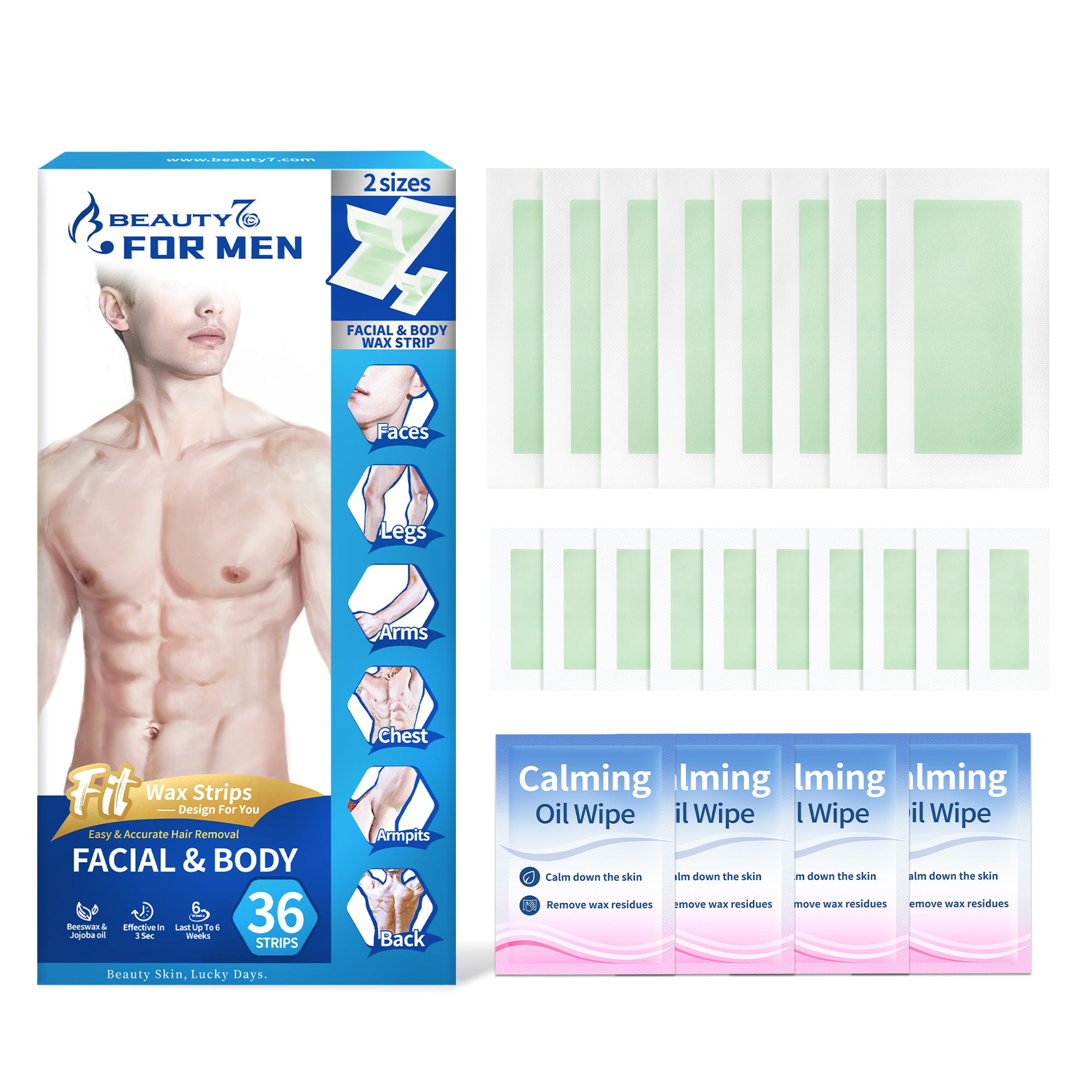 Beauty7 Men Wax Strips for Body, Ready to Use Waxing Strips, Facial Hair Removal Wax, Legs Arms Chest At Home Waxing Kit, 36 Waxing Strip 4 Calming Oil Wipes