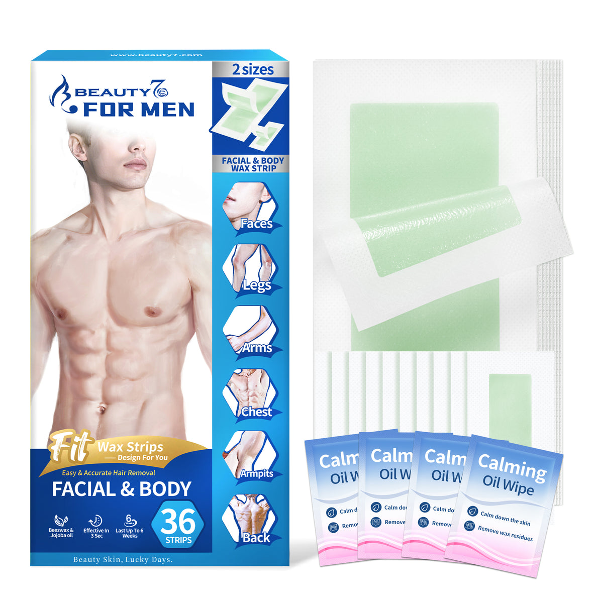 Beauty7 Men Wax Strips for Body, Ready to Use Waxing Strips, Facial Hair Removal Wax, Legs Arms Chest At Home Waxing Kit, 36 Waxing Strip 4 Calming Oil Wipes