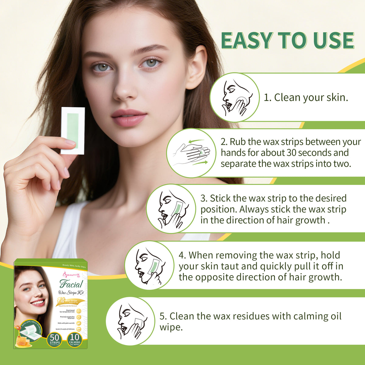 Beauty7 Facial Wax Strips-Eyebrow Wax Strips-50 Waxing Strips for Face, Lip,10 Calming Oil Wipes, Ready Use At Home Waxing Kit for All Skin Types