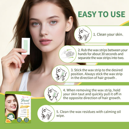 Beauty7 Facial Wax Strips-Eyebrow Wax Strips-50 Waxing Strips for Face, Lip,10 Calming Oil Wipes, Ready Use At Home Waxing Kit for All Skin Types