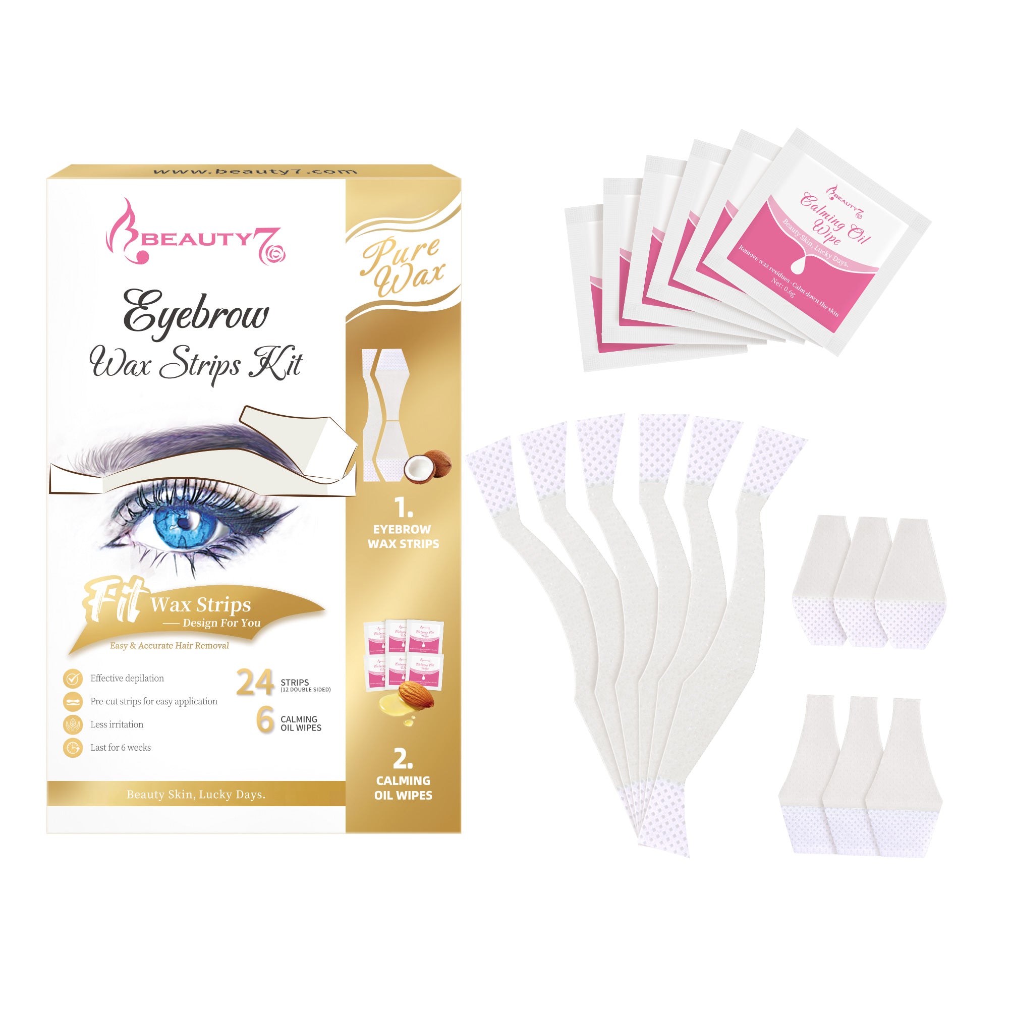 BEAUTY7 Eyebrow Wax Strips – 24 Cold Waxing Strips 6 Soothing Oil Wipes At-Home Brow Shaping, No-Heat Facial Hair Removal for Women, Smooth Results Up to 6 Weeks