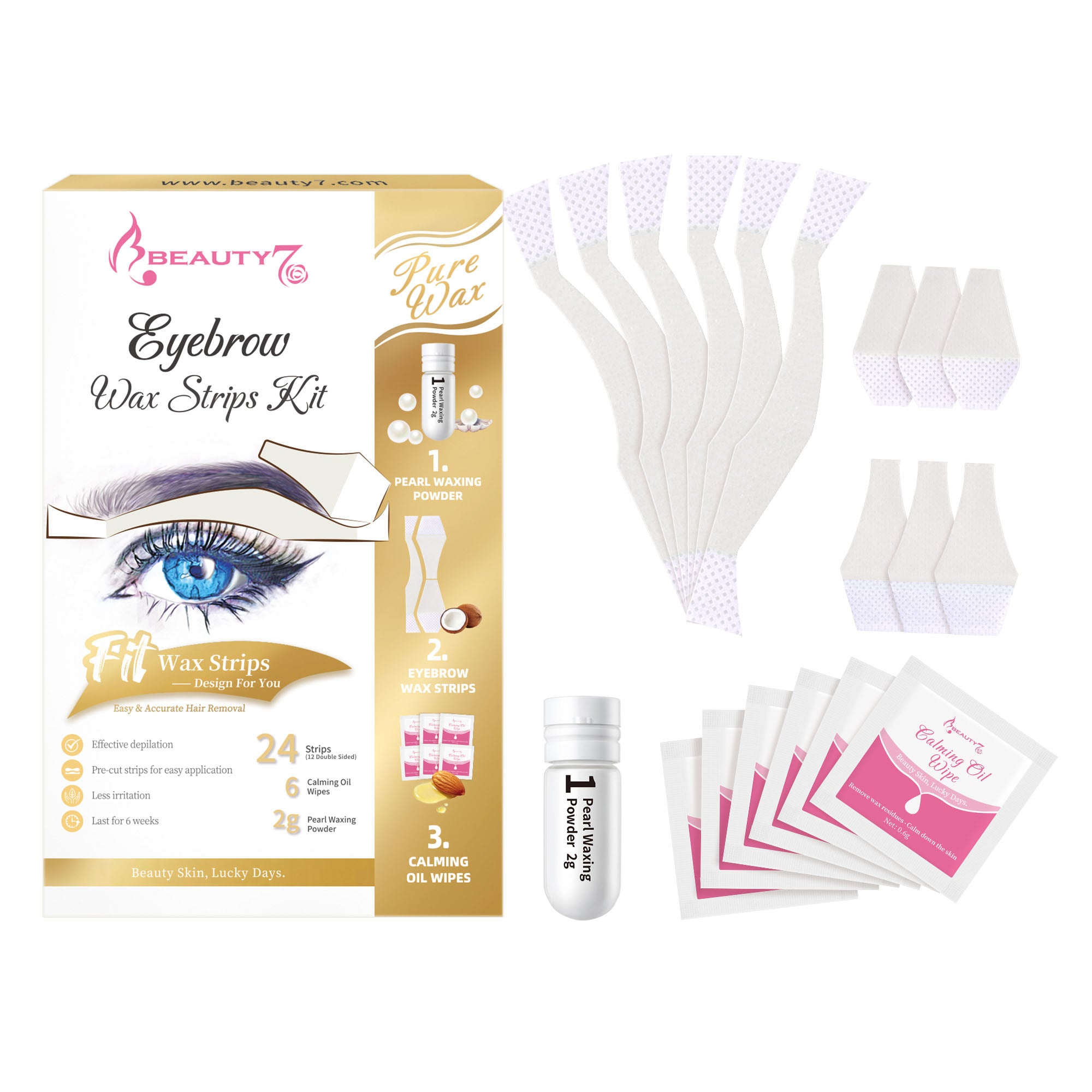 BEAUTY7 Eyebrow Wax Strips - 24 Strips, Pearl Powder & 6 Soothing Oil Wipes. No-Heat Cold Waxing Strips for At-Home Brow Shaping, Facial Hair Removal for Women, Smooth Results Up to 6 Weeks