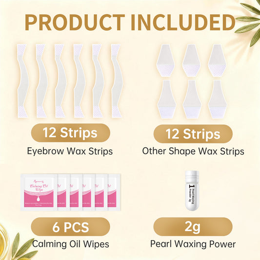 BEAUTY7 Eyebrow Wax Strips - 24 Strips, Pearl Powder & 6 Soothing Oil Wipes. No-Heat Cold Waxing Strips for At-Home Brow Shaping, Facial Hair Removal for Women, Smooth Results Up to 6 Weeks