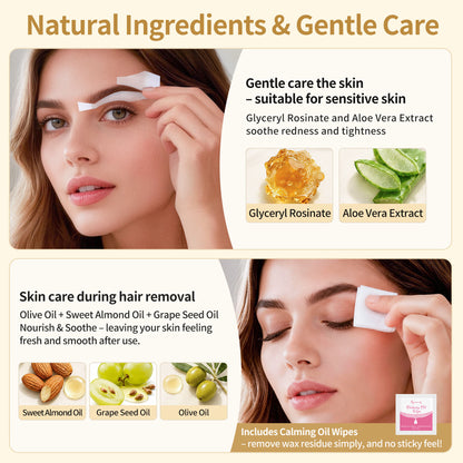 BEAUTY7 Eyebrow Wax Strips - 24 Strips, Pearl Powder & 6 Soothing Oil Wipes. No-Heat Cold Waxing Strips for At-Home Brow Shaping, Facial Hair Removal for Women, Smooth Results Up to 6 Weeks
