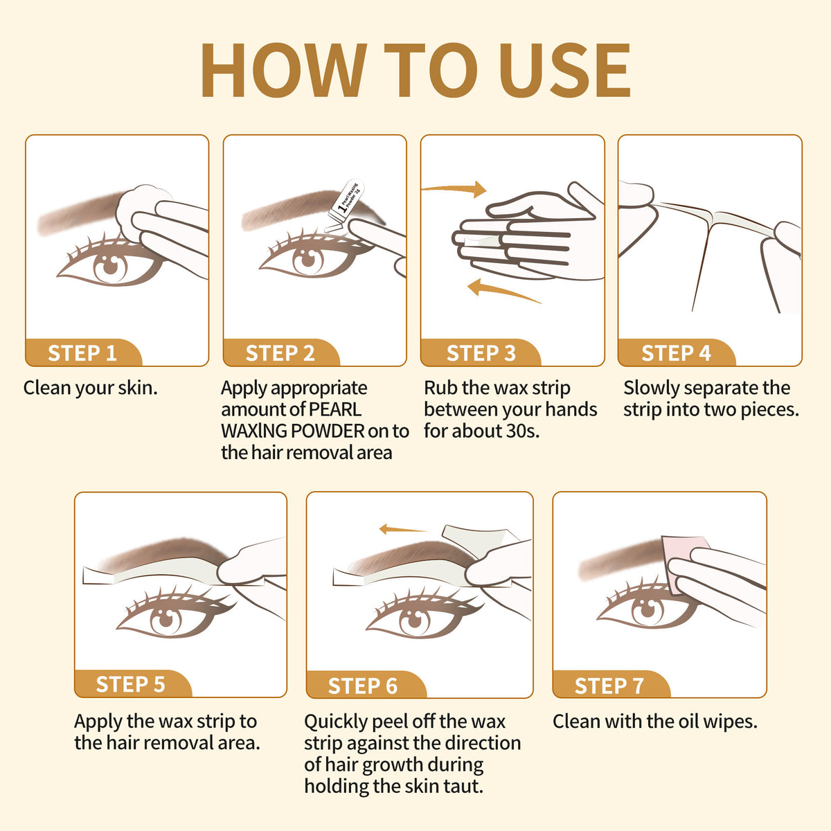 BEAUTY7 Eyebrow Wax Strips - 24 Strips, Pearl Powder & 6 Soothing Oil Wipes. No-Heat Cold Waxing Strips for At-Home Brow Shaping, Facial Hair Removal for Women, Smooth Results Up to 6 Weeks