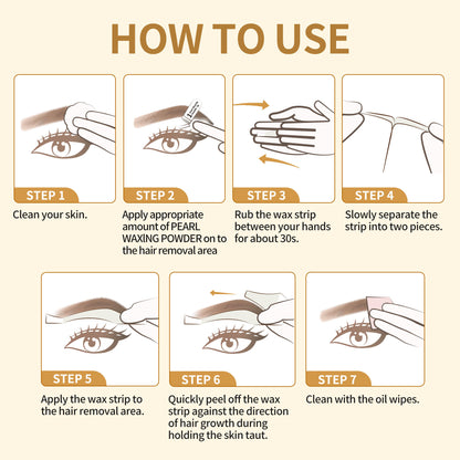 BEAUTY7 Eyebrow Wax Strips - 24 Strips, Pearl Powder & 6 Soothing Oil Wipes. No-Heat Cold Waxing Strips for At-Home Brow Shaping, Facial Hair Removal for Women, Smooth Results Up to 6 Weeks