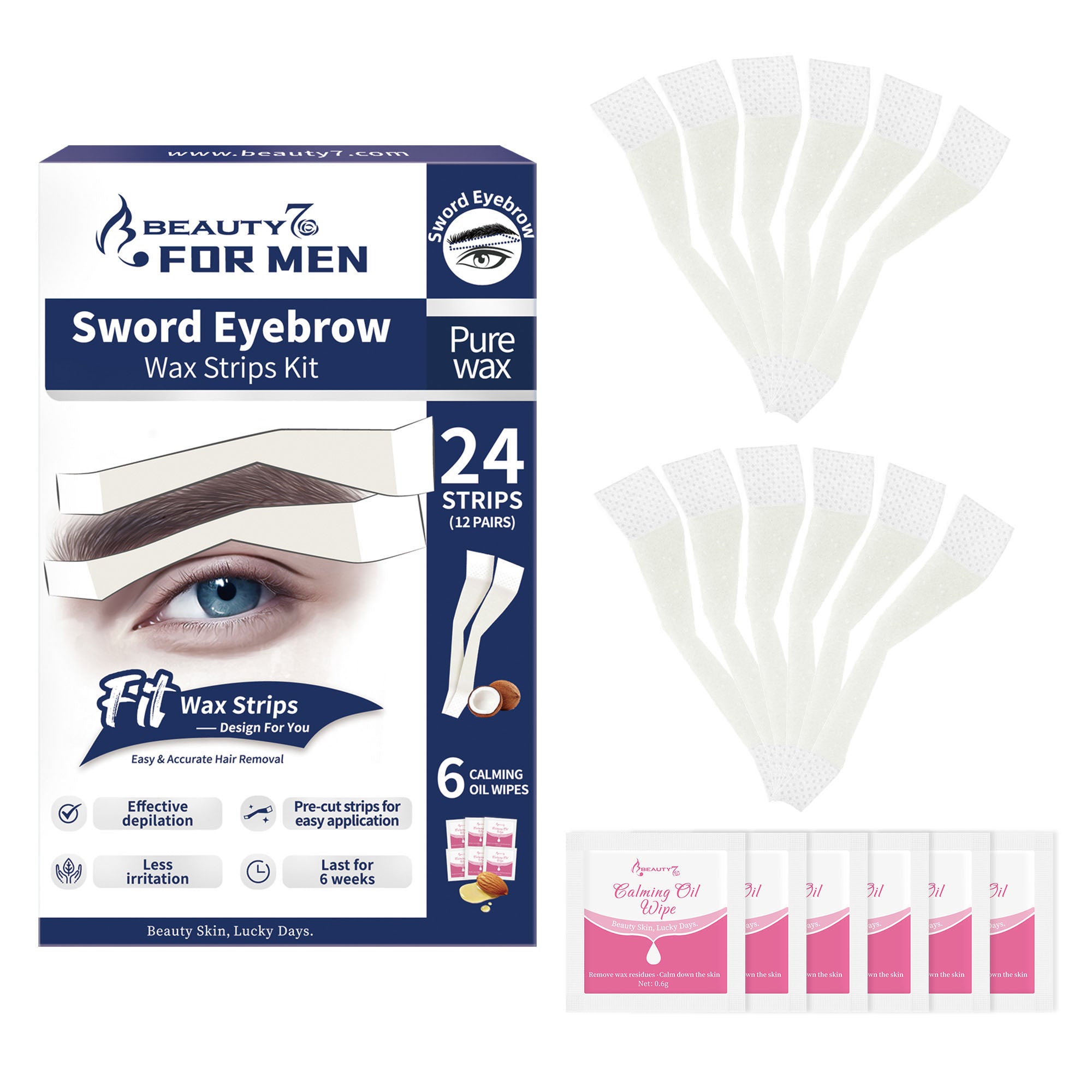 Men's Sword Eyebrow Wax Strips – 24 Pre-Shaped Strips Cold Wax Strips for Tidying Stray Hair, 6 Soothing Oil Wipes, No Heat Needed for At-Home Brow Maintenance