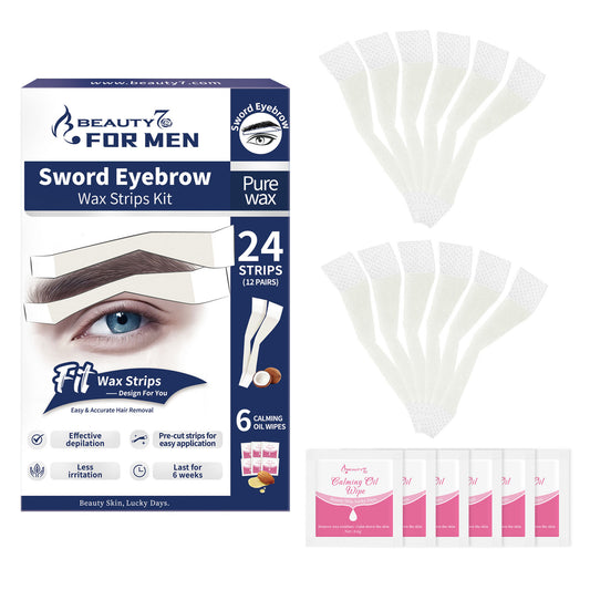 Men's Sword Eyebrow Wax Strips – 24 Pre-Shaped Strips Cold Wax Strips for Tidying Stray Hair, 6 Soothing Oil Wipes, No Heat Needed for At-Home Brow Maintenance