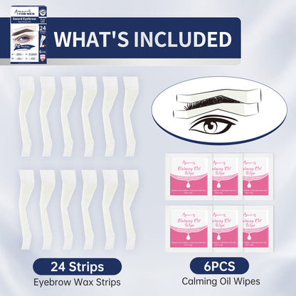 Men's Sword Eyebrow Wax Strips – 24 Pre-Shaped Strips Cold Wax Strips for Tidying Stray Hair, 6 Soothing Oil Wipes, No Heat Needed for At-Home Brow Maintenance
