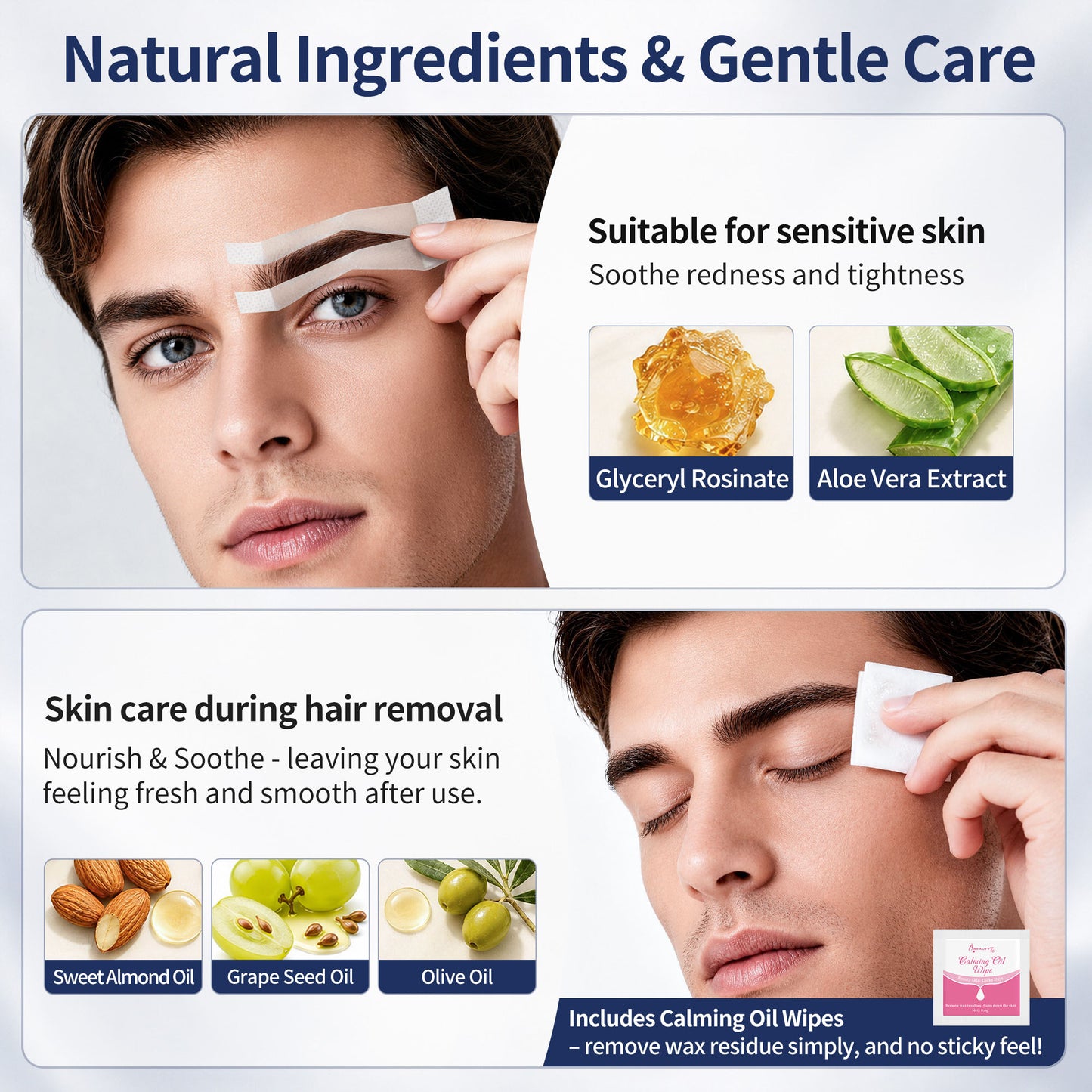 Men's Sword Eyebrow Wax Strips – 24 Pre-Shaped Strips Cold Wax Strips for Tidying Stray Hair, 6 Soothing Oil Wipes, No Heat Needed for At-Home Brow Maintenance