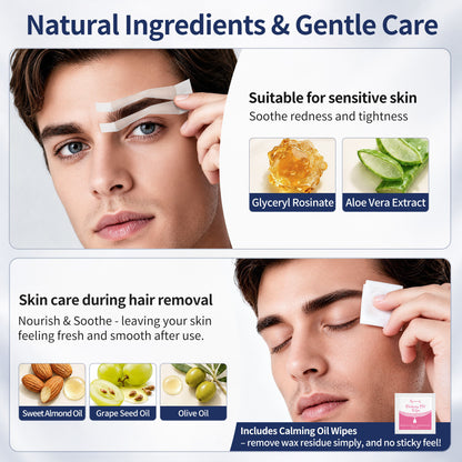 Men's Sword Eyebrow Wax Strips – 24 Pre-Shaped Strips Cold Wax Strips for Tidying Stray Hair, 6 Soothing Oil Wipes, No Heat Needed for At-Home Brow Maintenance