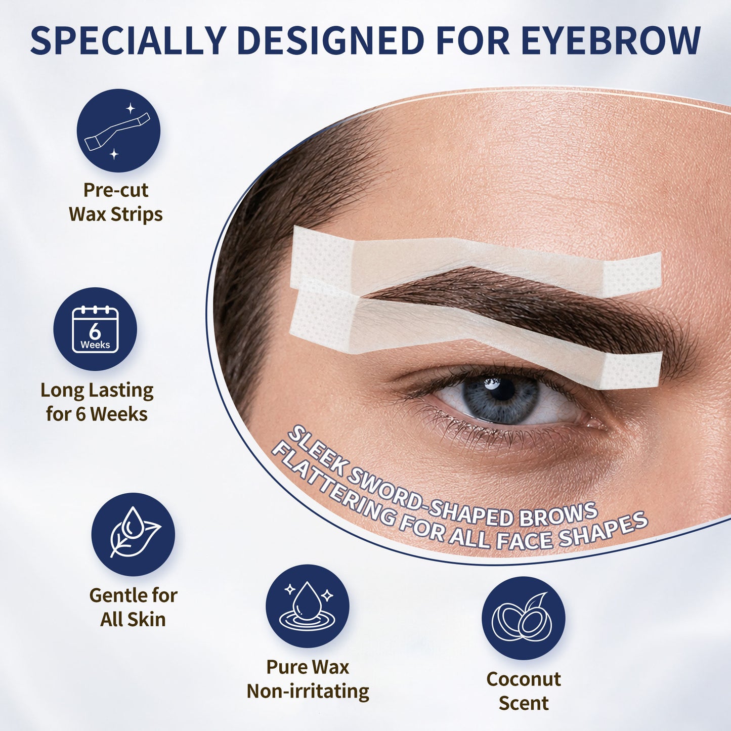 Men's Sword Eyebrow Wax Strips – 24 Pre-Shaped Strips Cold Wax Strips for Tidying Stray Hair, 6 Soothing Oil Wipes, No Heat Needed for At-Home Brow Maintenance