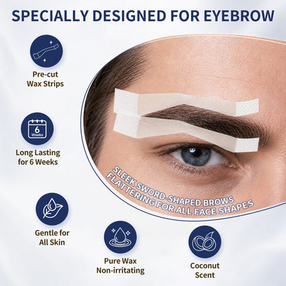 Men's Sword Eyebrow Wax Strips – 24 Pre-Shaped Strips Cold Wax Strips for Tidying Stray Hair, 6 Soothing Oil Wipes, No Heat Needed for At-Home Brow Maintenance
