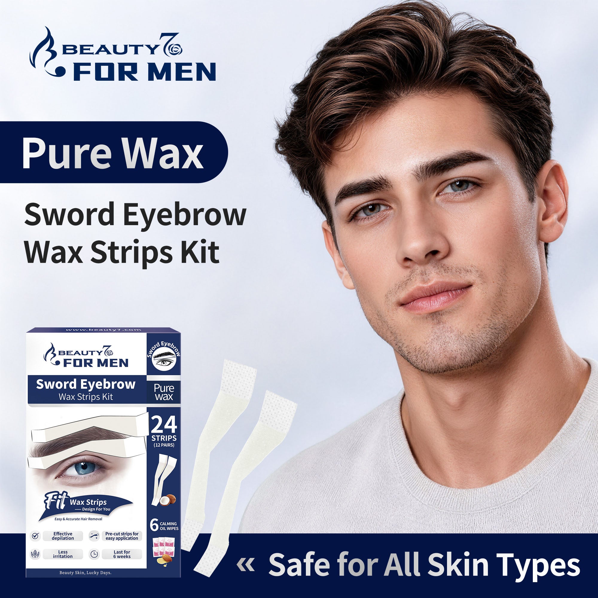 Men's Sword Eyebrow Wax Strips – 24 Pre-Shaped Strips Cold Wax Strips for Tidying Stray Hair, 6 Soothing Oil Wipes, No Heat Needed for At-Home Brow Maintenance
