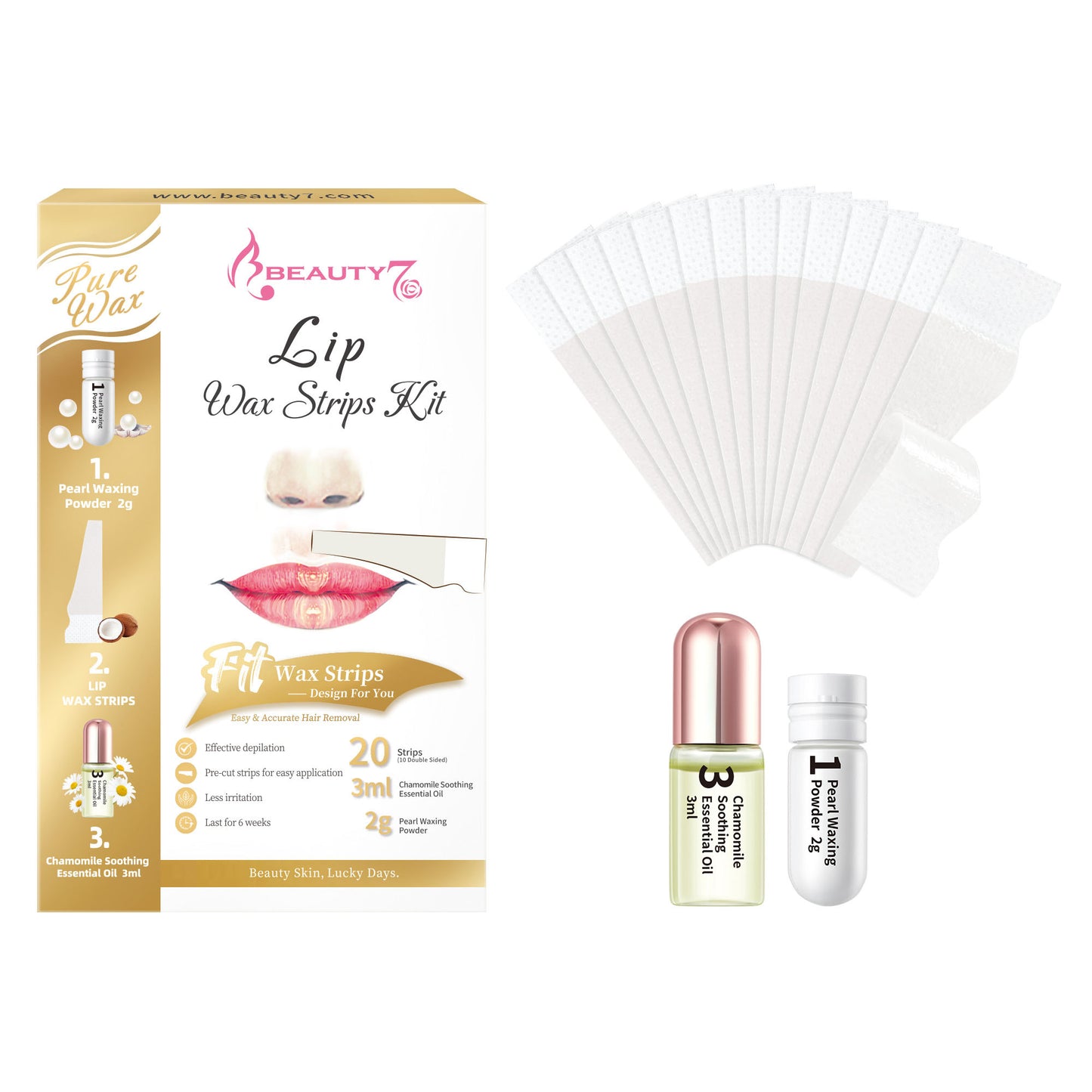 BEAUTY7 Lip Wax Strips, 20 Strips&Pearl Powder& Essential Oil Facial Wax Strips for Upper Lip & Chin –No-Heat Pure Hair Removal, Gentle for All Skin, Smooth Results Up to 6 Weeks