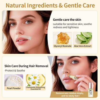 BEAUTY7 Lip Wax Strips, 20 Strips&Pearl Powder& Essential Oil Facial Wax Strips for Upper Lip & Chin –No-Heat Pure Hair Removal, Gentle for All Skin, Smooth Results Up to 6 Weeks